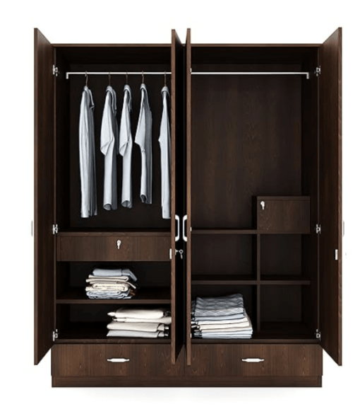 Nilkamal Mozart 4 Door Engineered Wood Wardrobe with Mirror, Locker, 2 Hanging Rod, Drawers & Shelves (Color - Walnut, Delivery Condition - Knock Down) - Image 3